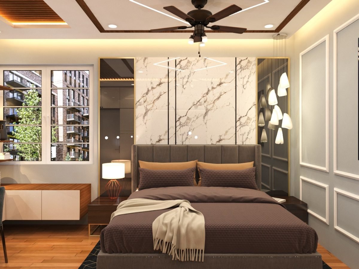 Master bedroom with marble headboard wall, cove lighting and false ceiling