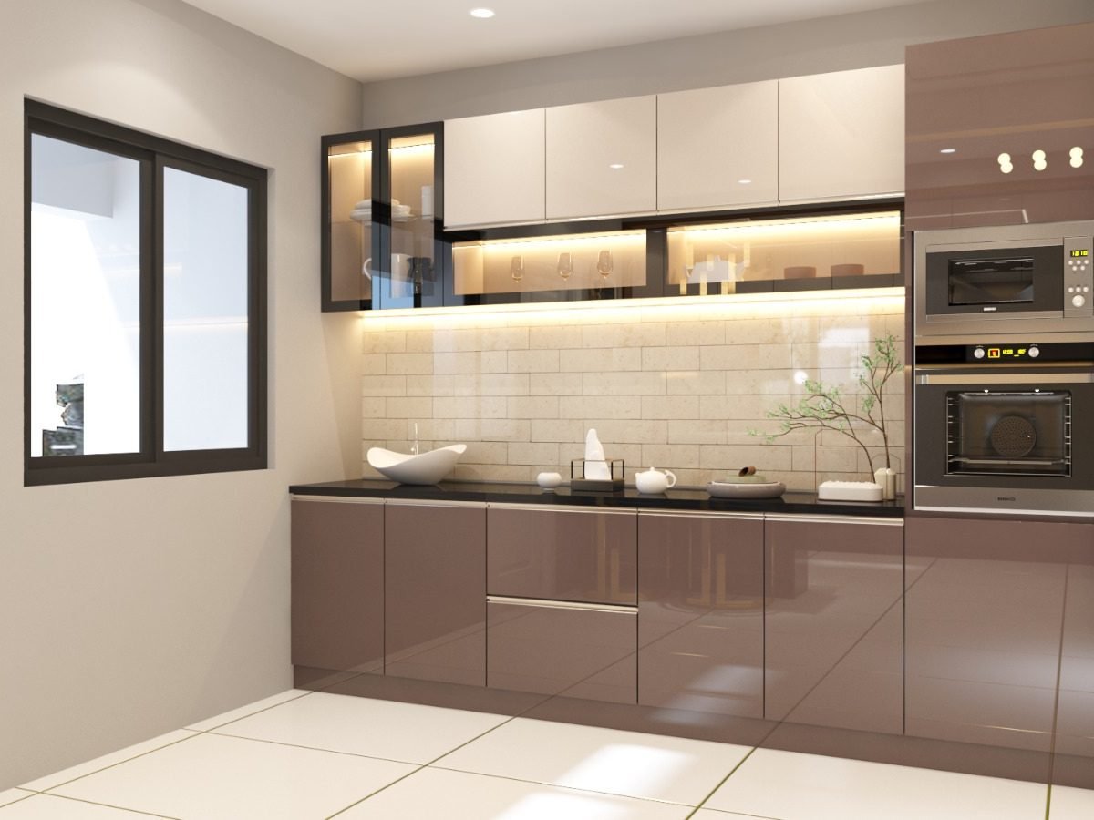 Glossy taupe modular kitchen with tall units, built-in oven and chimney