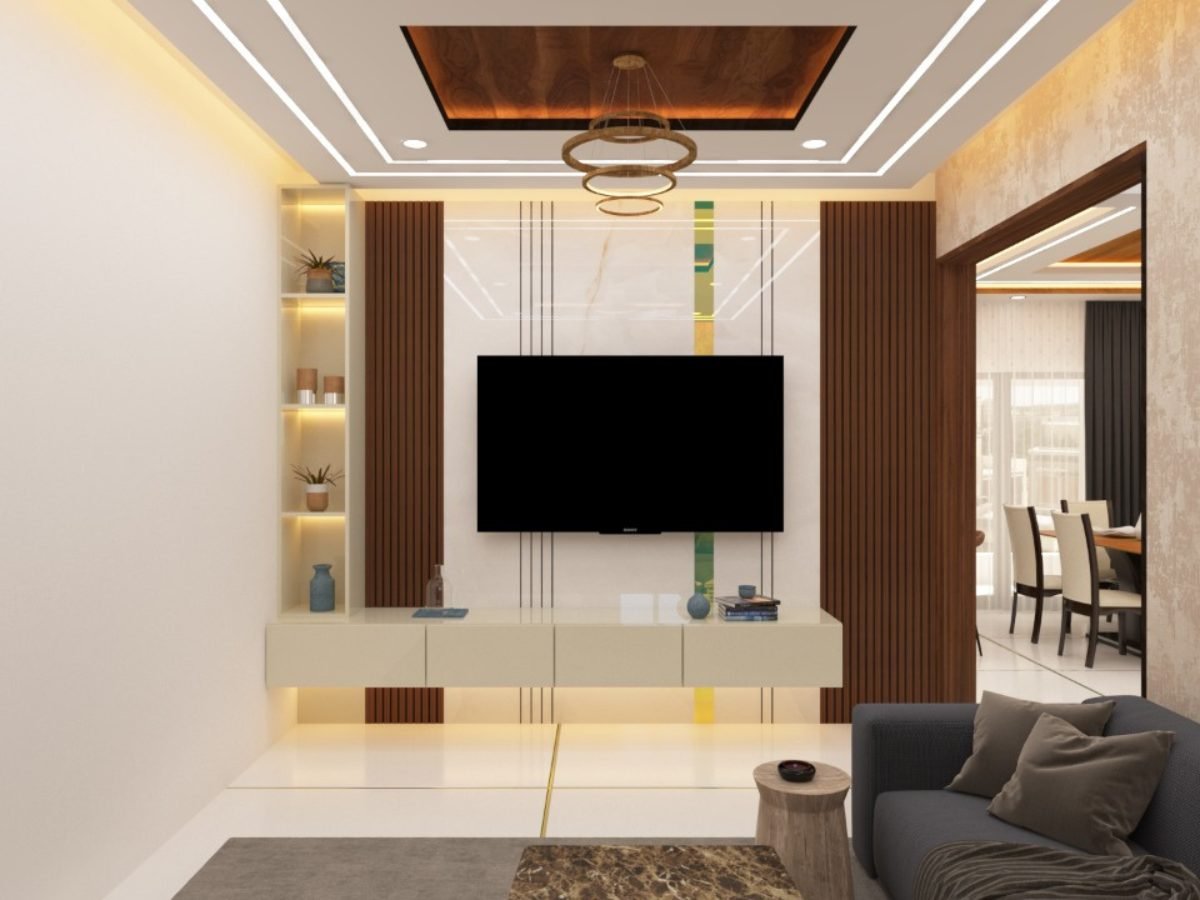 Open living and dining area with panelled TV wall, slat ceiling and ring chandelier