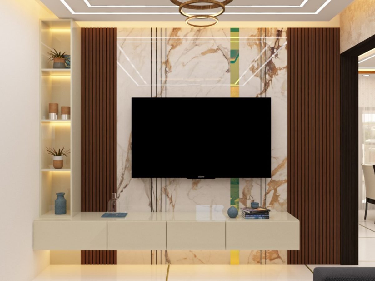 TV wall in marble and fluted wood with a floating console and open shelves