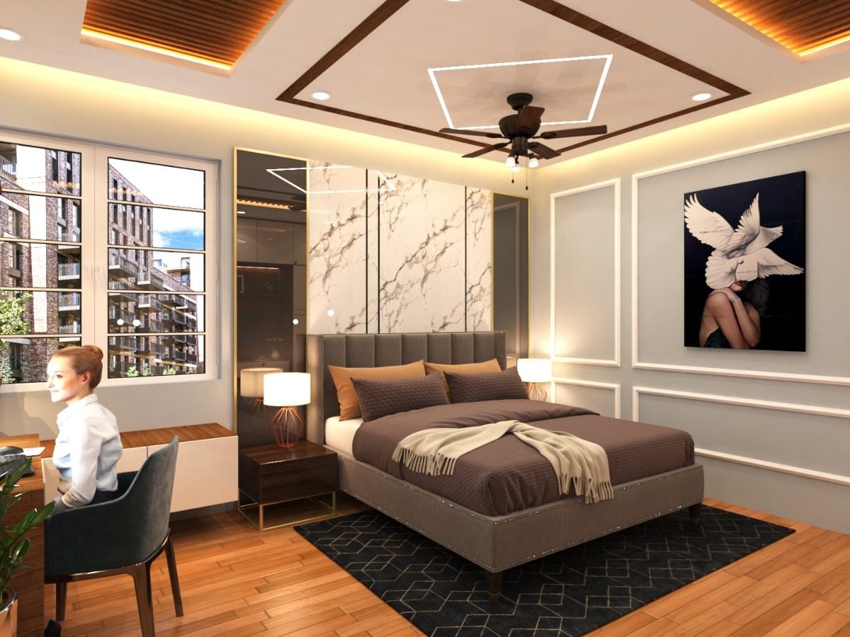 Master bedroom with marble headboard, designer false ceiling and study corner